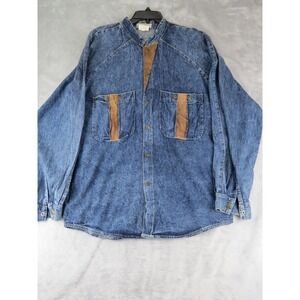 Vintage AJ's Denim Shirt L Acid Wash Suede‎ Trim Western Hong Kong 100% Cotton